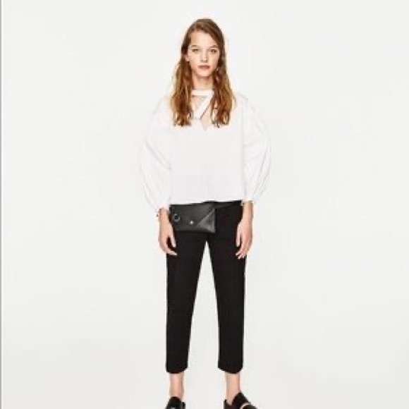 Zara White Blouse Puff Sleeve Top with Choker Neck - Picture 2 of 8